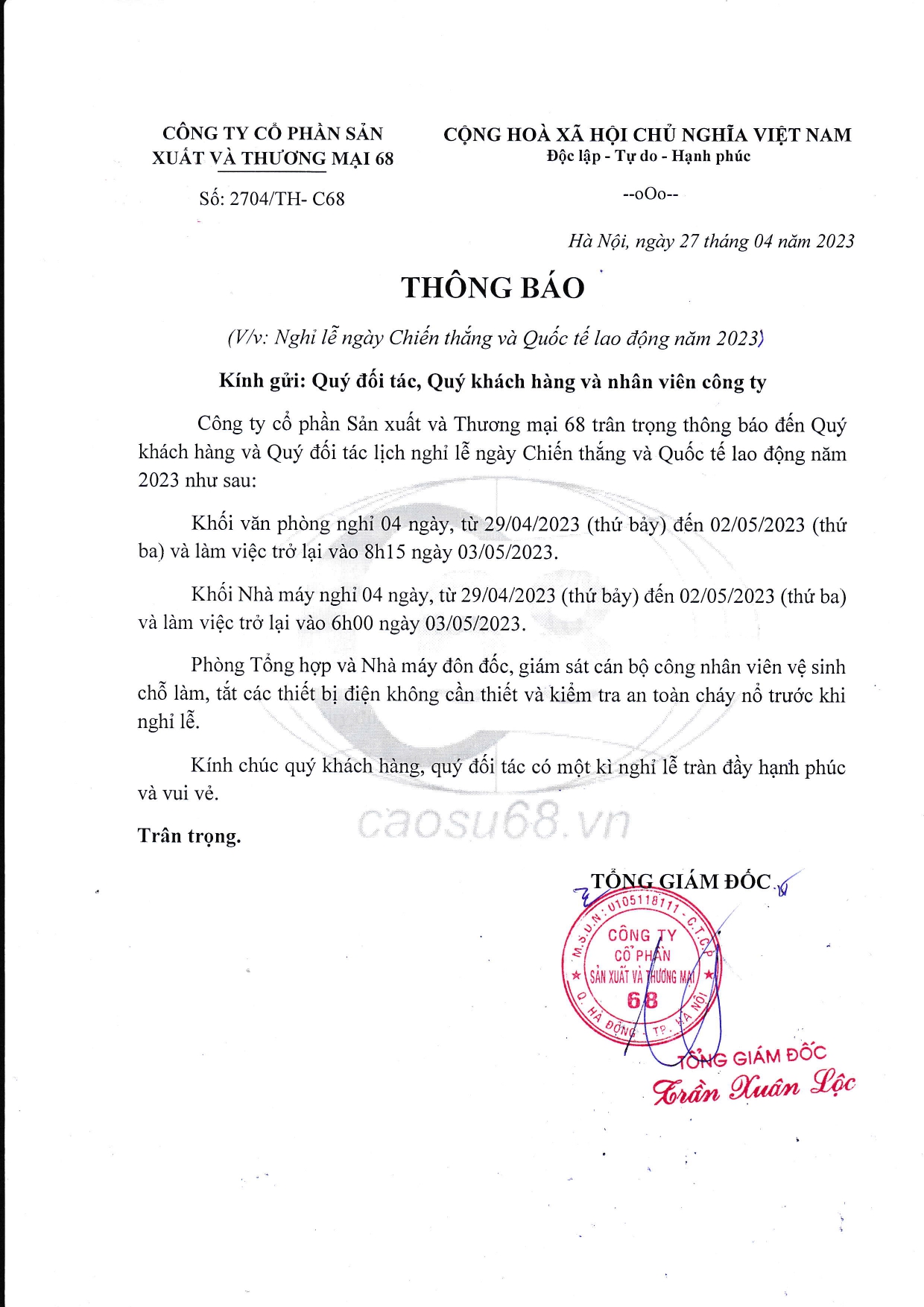 THÔNG BÁO NGHỈ LỄ 30.04.2023 & 01.05.2023